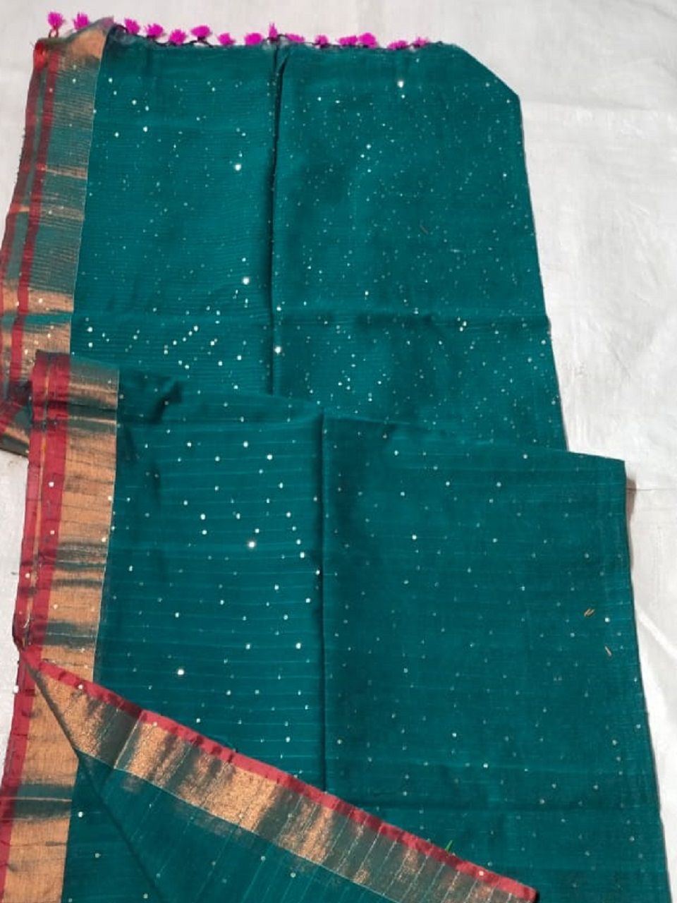 Peacock Blue Allover Sequins Woven Party Wear Pure Cotton Saree