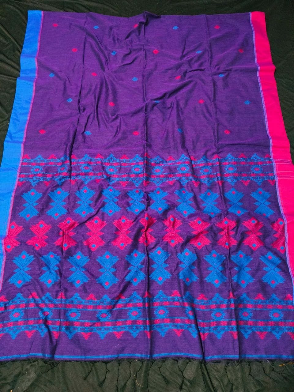 Purple Pure Handloom Cotton Saree With Contrast Borders