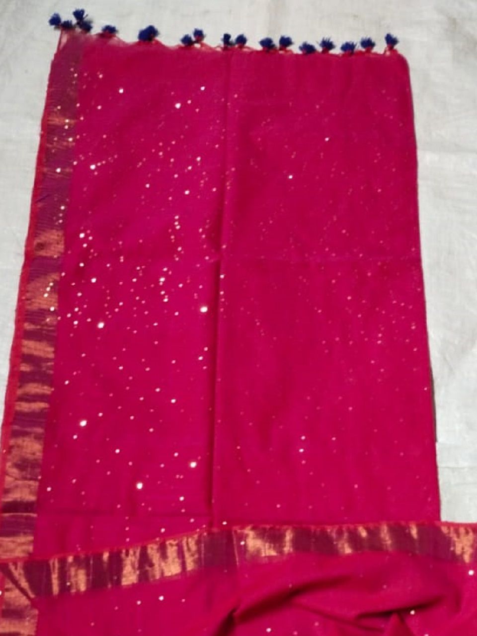 Rani Pink Allover Sequins Woven Party Wear Pure Cotton Saree