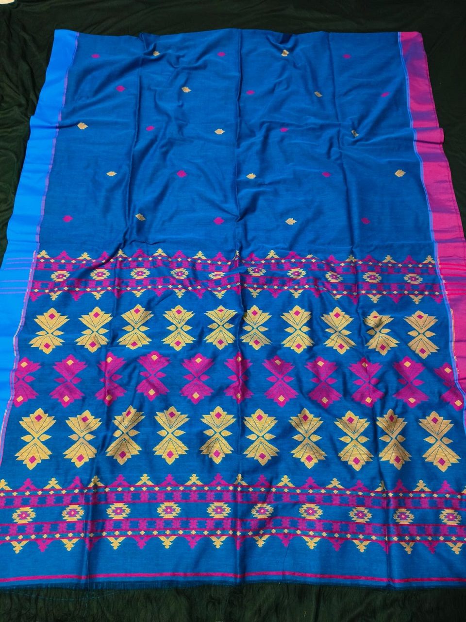 Royal Blue Pure Handloom Cotton Saree With Contrast Borders