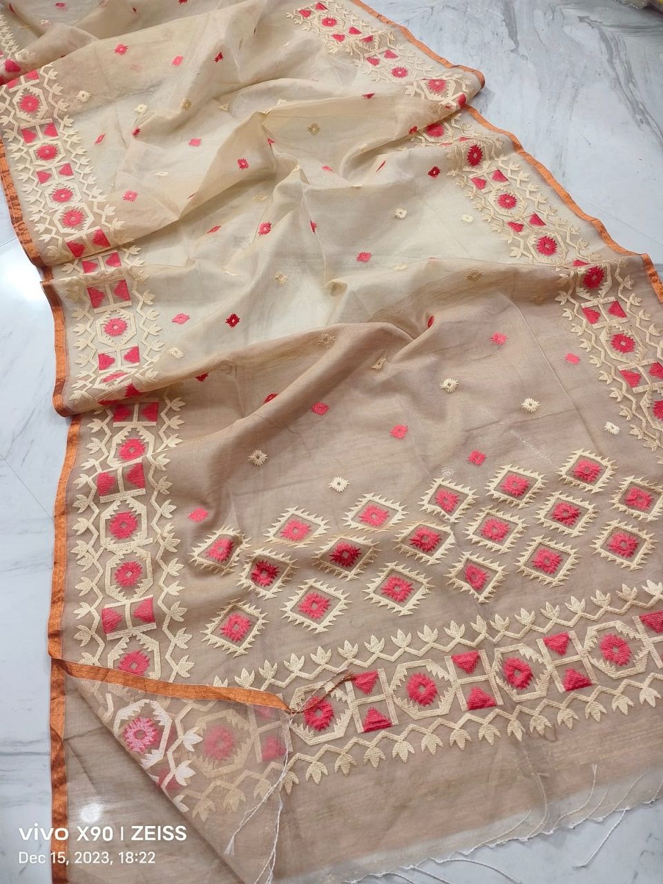 Subtle Cream Pure Resham By Resham Muslin Thread Work Saree