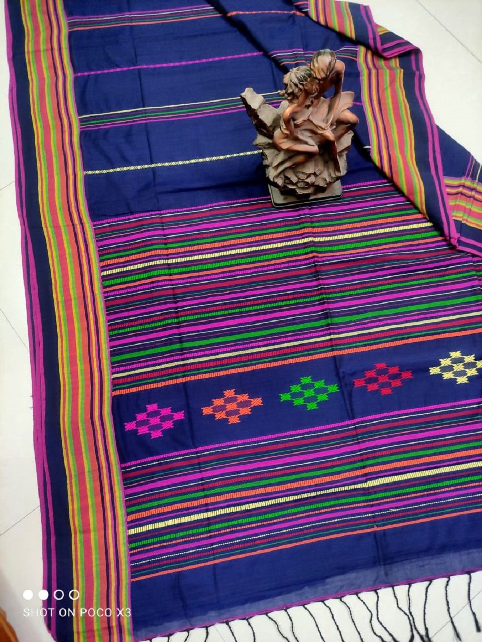 Violet Blue Stripe Pattern Handwoven Pure Cotton Beautiful Saree