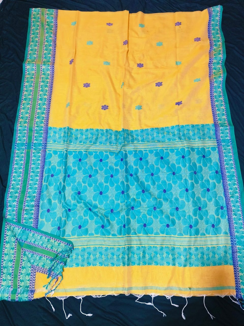 Yellow Blue Pure Cotton Handwoven Soft Elegant Floral Design Saree