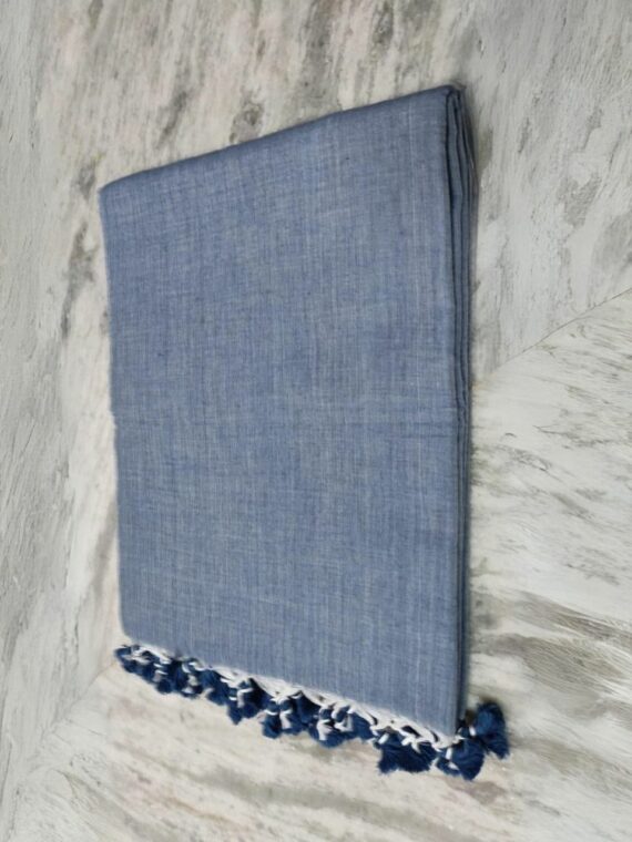 Blue White Blend Plain Soft Cotton Saree With Running Blouse Piece
