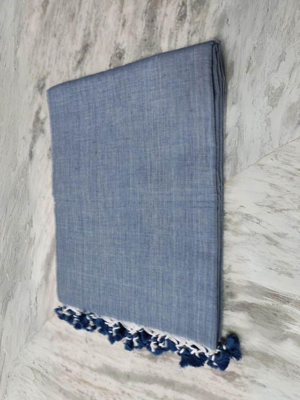 Blue White Blend Plain Soft Cotton Saree With Running Blouse Piece