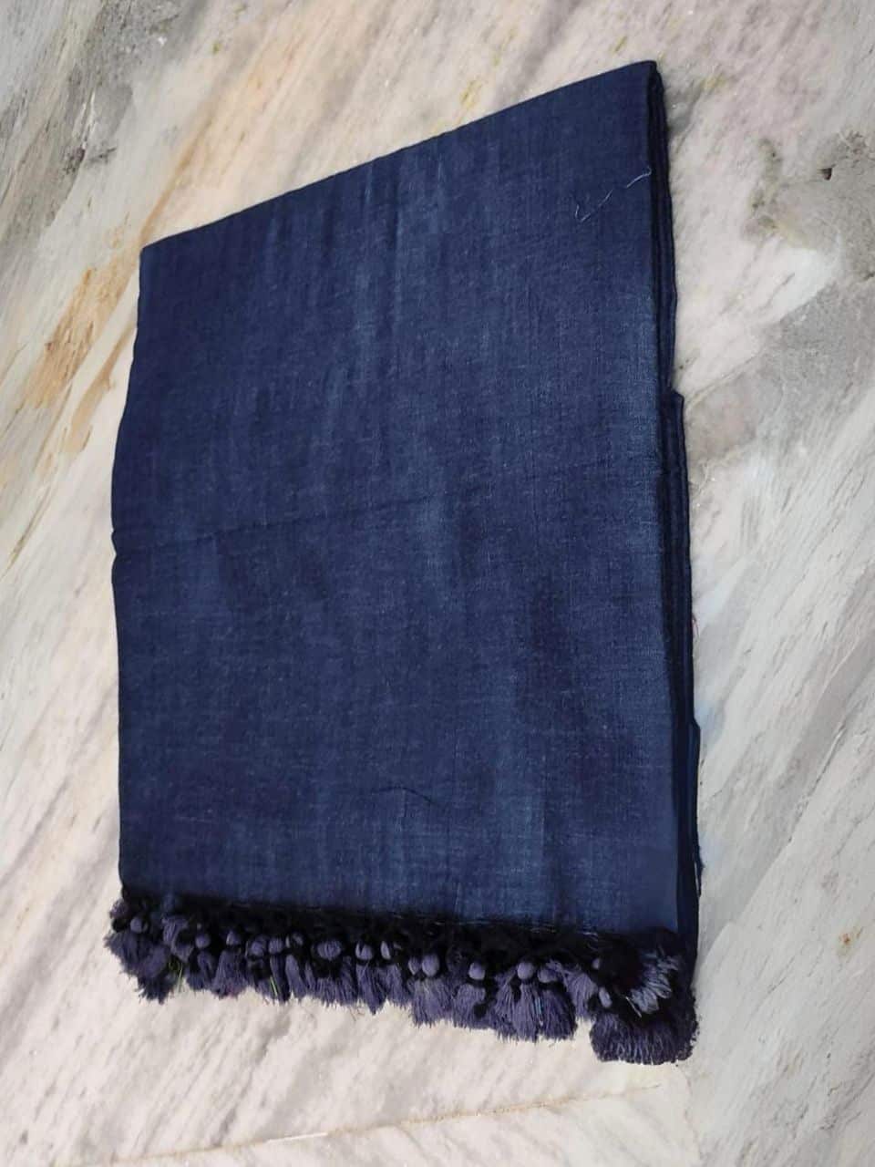 Dark Faded Blue Plain Soft Cotton Saree With Running Blouse Piece