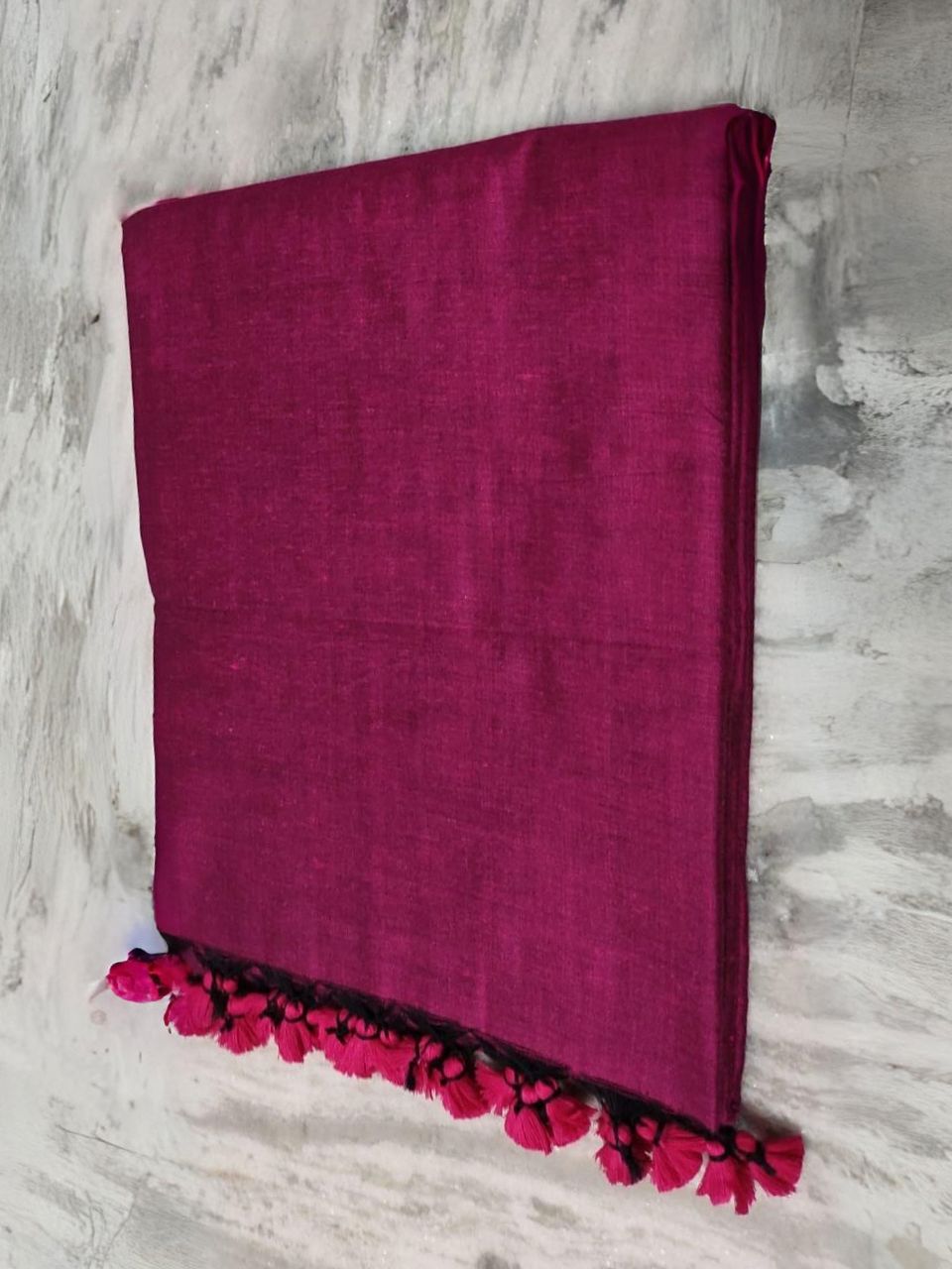 Dark Pink Black Blend Plain Soft Cotton Saree With Running Blouse Piece