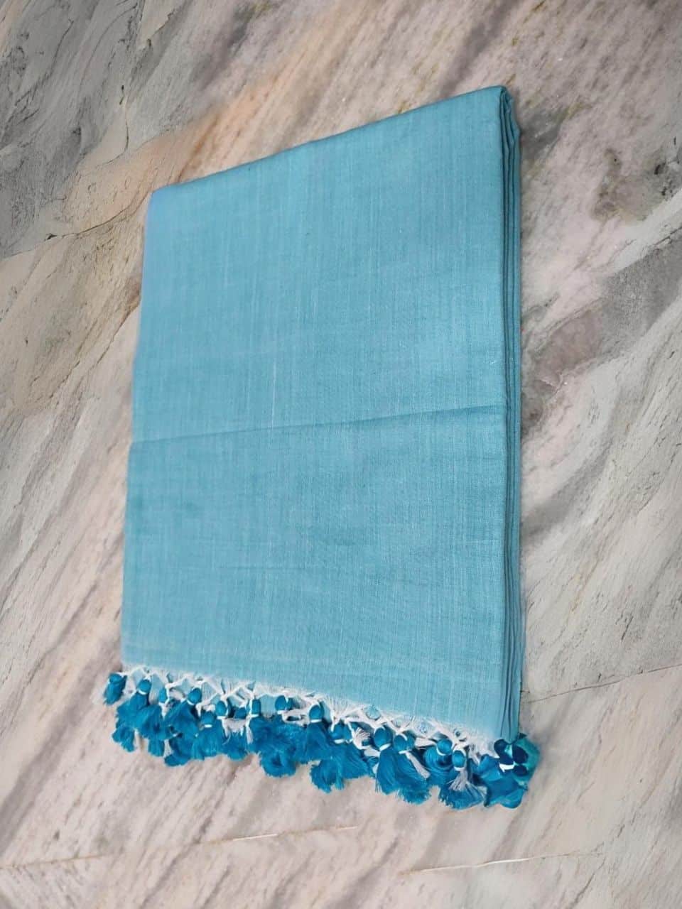 Light Blue Plain Soft Cotton Saree With Running Blouse Piece