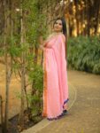 Pleasure Peach Pink Sparkling Sequins Handwoven Soft Cotton Saree