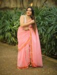 Pleasure Peach Pink Sparkling Sequins Handwoven Soft Cotton Saree