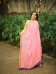 Pleasure Peach Pink Sparkling Sequins Handwoven Soft Cotton Saree