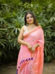 Pleasure Peach Pink Sparkling Sequins Handwoven Soft Cotton Saree