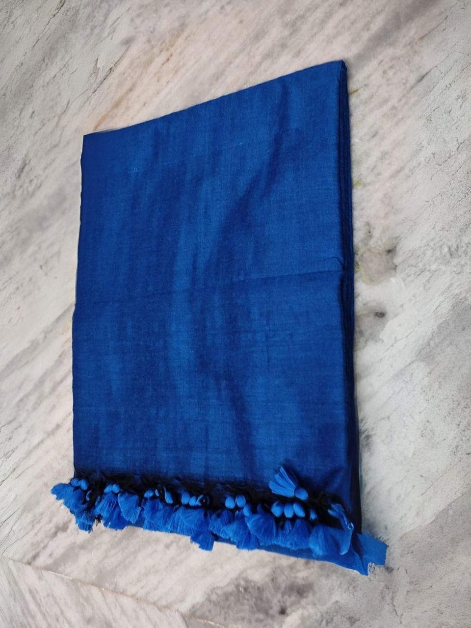 Royal Blue Black Plain Soft Cotton Saree With Running Blouse Piece