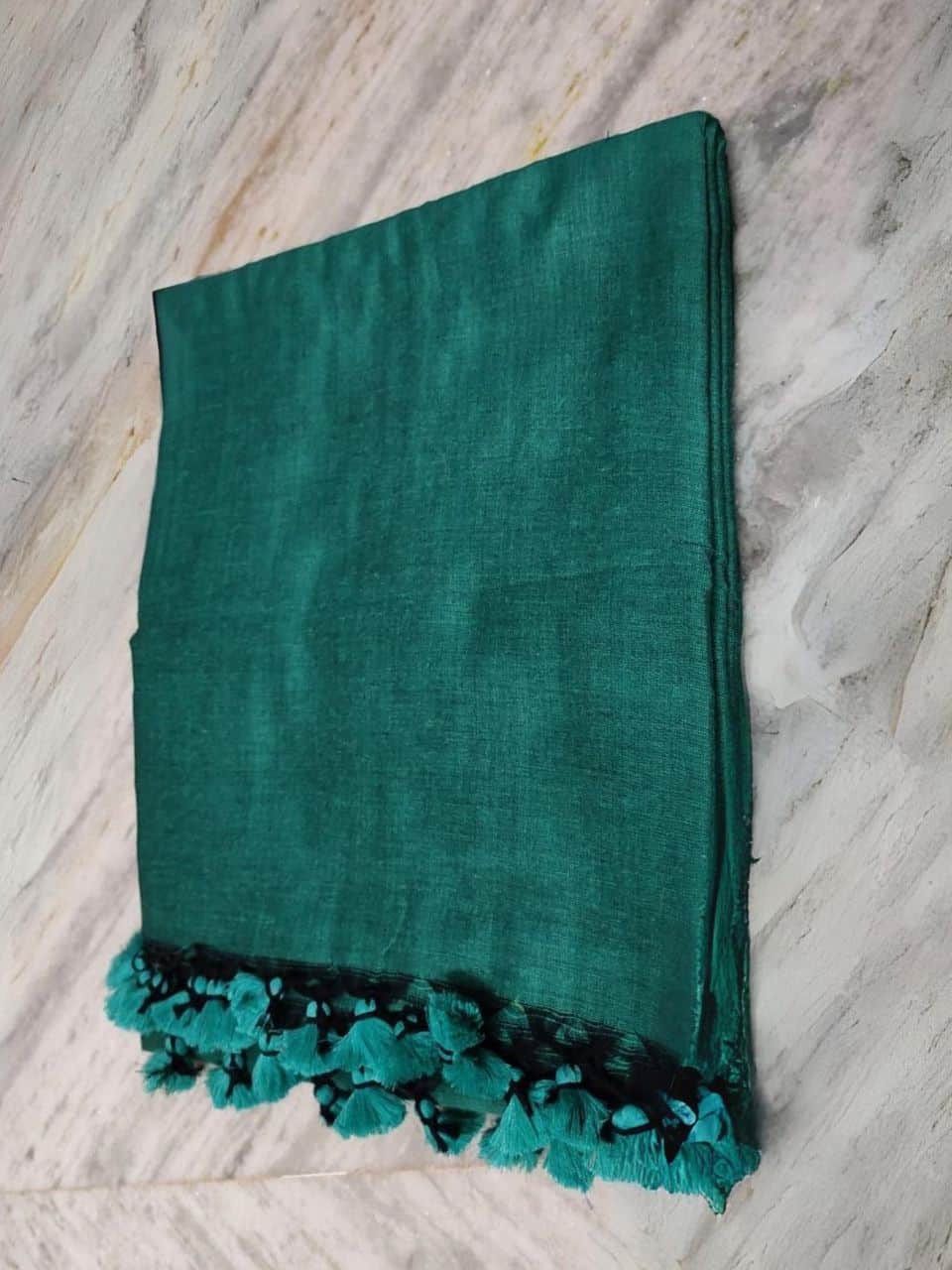 Teal Green Plain Soft Cotton Saree With Running Blouse Piece