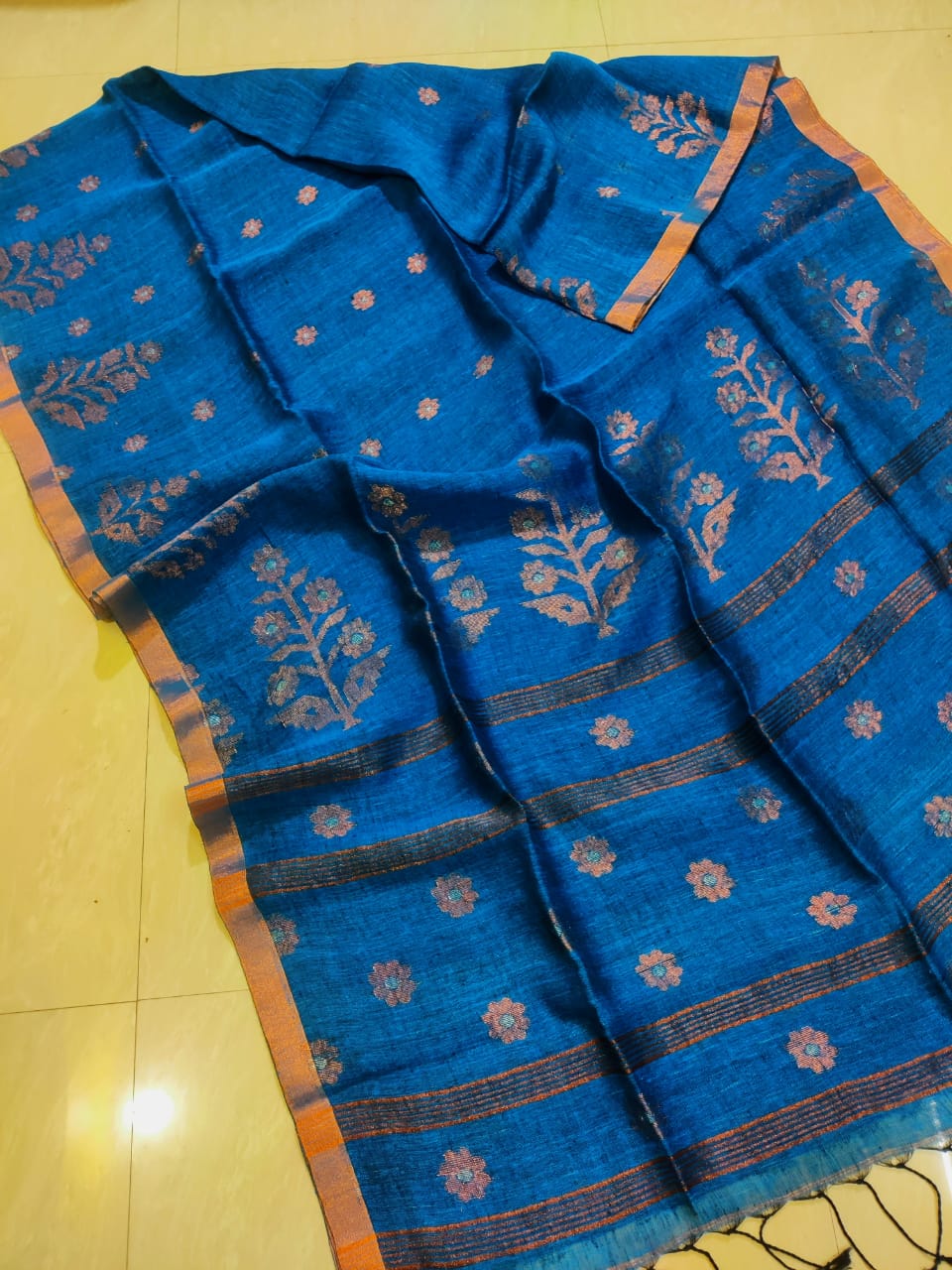 Tute Blue Floral Design Linen Saree With Border