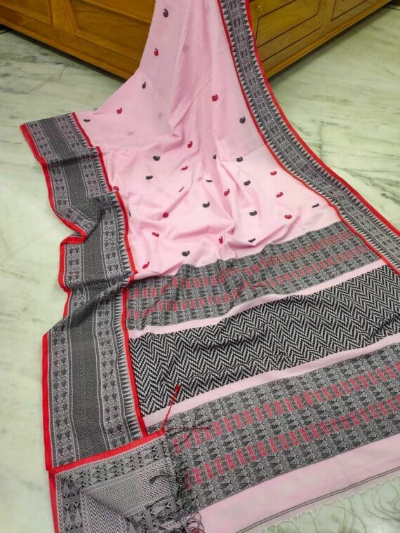 Baby Pink Black Intricately Handwoven Pure Cotton Saree