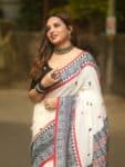 Elegant White Black Intricately Handwoven Pure Cotton Saree