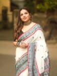 Elegant White Black Intricately Handwoven Pure Cotton Saree1