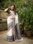 Elegant White Black Intricately Handwoven Pure Cotton Saree2