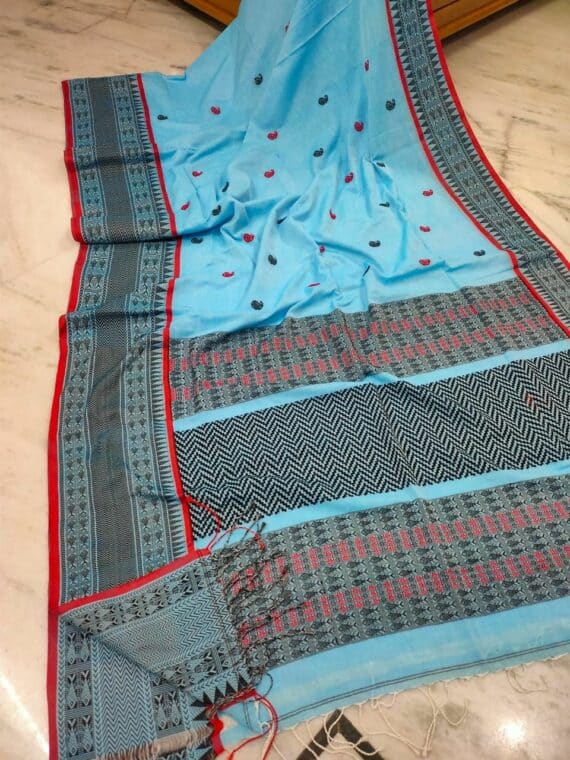 Pleasing Blue Black Intricately Handwoven Pure Cotton Saree