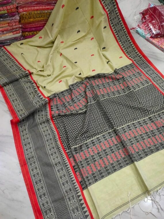 Sage Green Black Intricately Handwoven Pure Cotton Saree