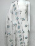 Awesome White Blue Floral Embroidery Linen Cotton Dress Material
