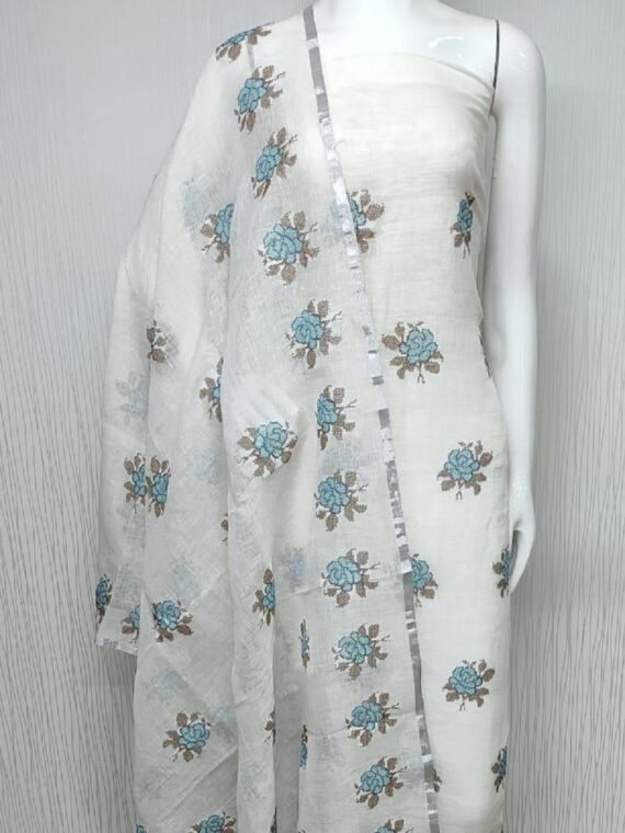 Awesome White Blue Floral Embroidery Linen Cotton Dress Material