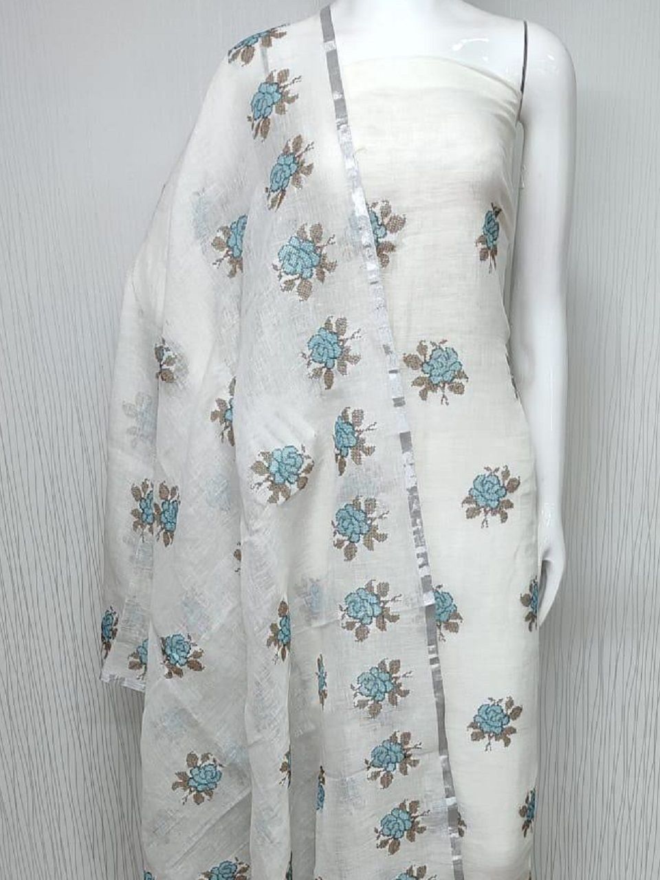 Awesome White Blue Floral Embroidery Linen Cotton Dress Material