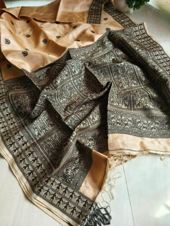 Beautiful Cream Black Pure Tussar Handwoven Baluchari Design Saree