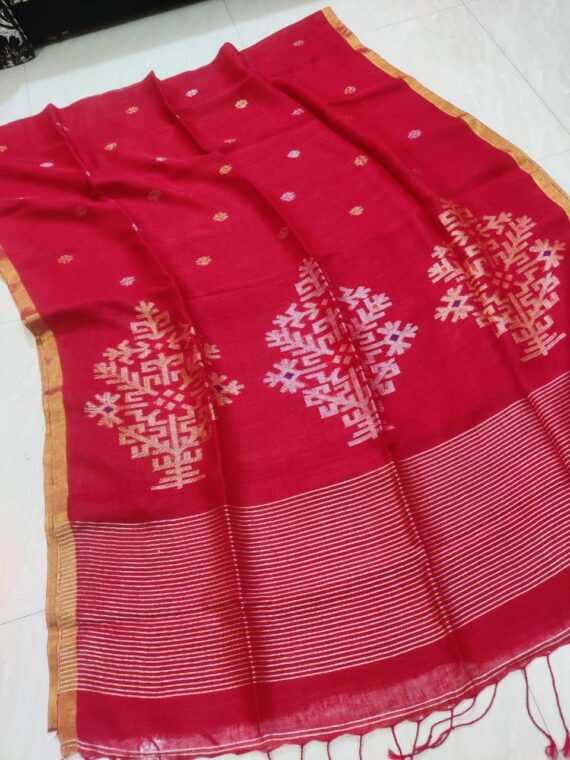 Beautiful Red Handwoven Linen Saree with Mandala Design Pattern
