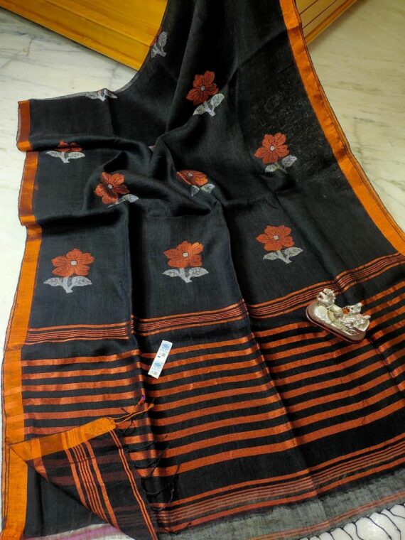 Black Floral Design Handwoven Linen Saree with Stripped Pallu