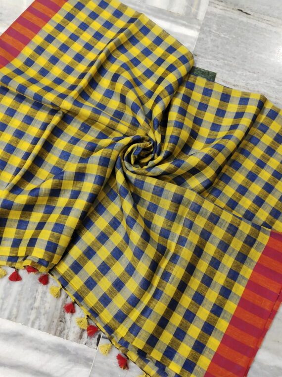 Blue Yellow Check Design Linen Saree With Red Borders