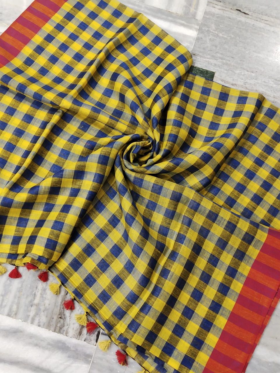 Blue Yellow Check Design Linen Saree With Red Borders
