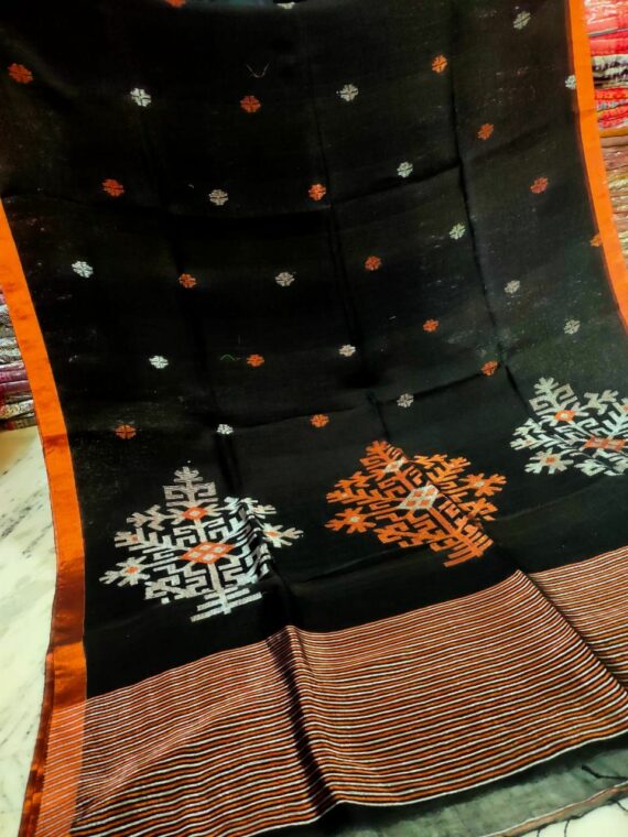 Bold Black Handwoven Linen Saree with Mandala Design Pattern