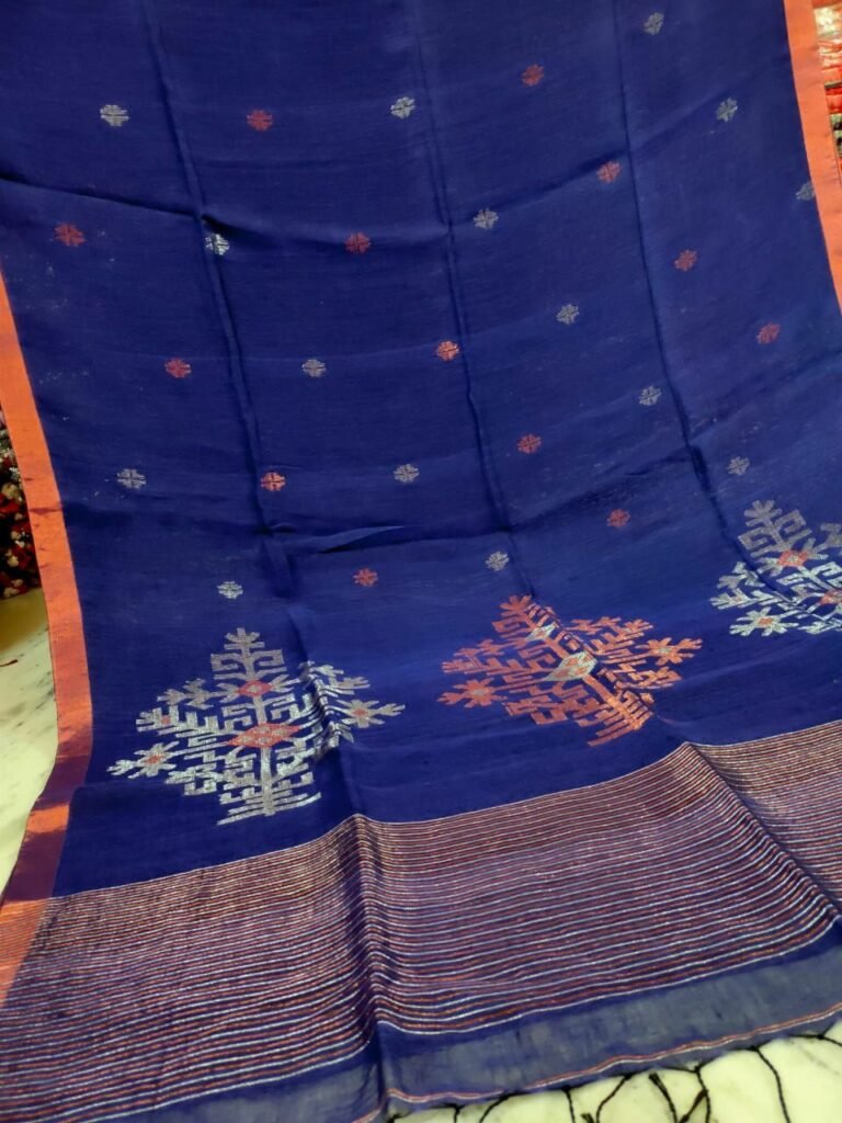Dark Blue Handwoven Linen Saree with Mandala Design Pattern - Loomfolks
