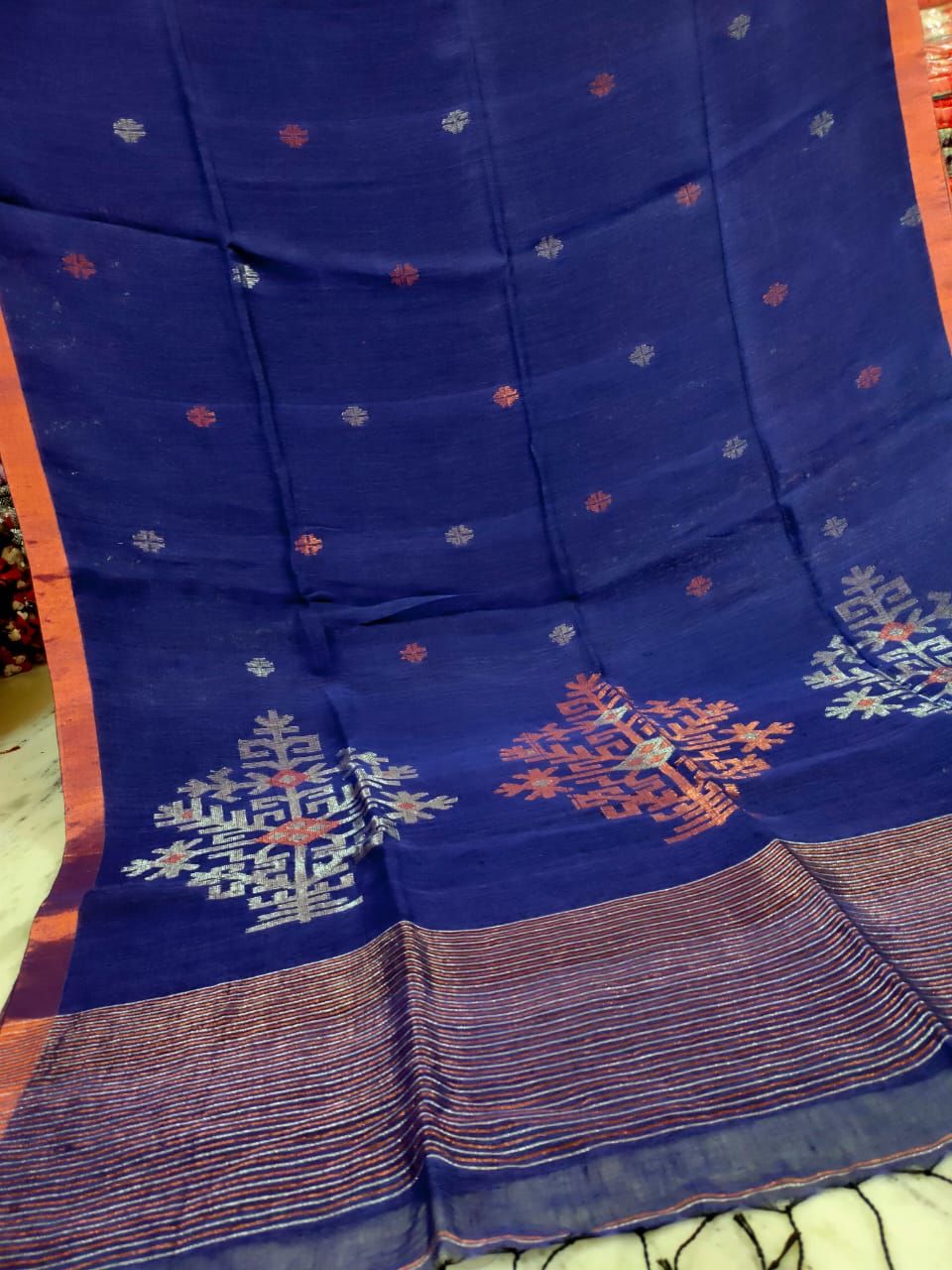 Dark Blue Handwoven Linen Saree with Mandala Design Pattern