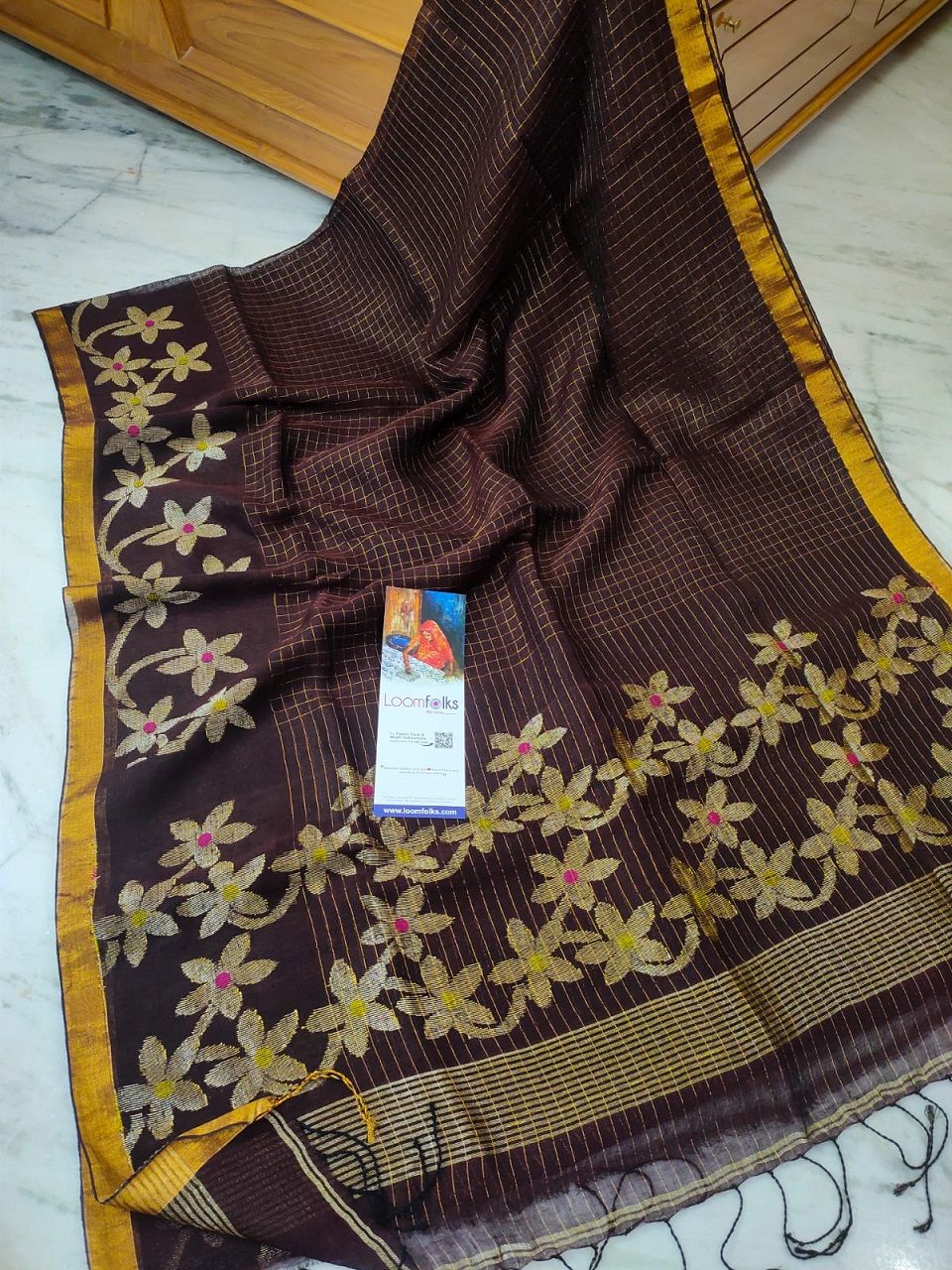 Deep Brown Handwoven Linen Jamdani Check Floral Design