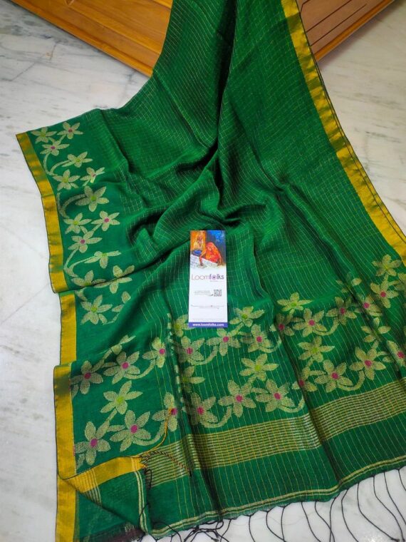 Fresh Green Handwoven Linen Jamdani Check Floral Design