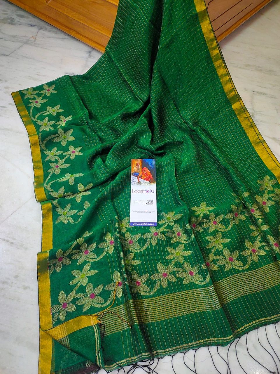 Fresh Green Handwoven Linen Jamdani Check Floral Design