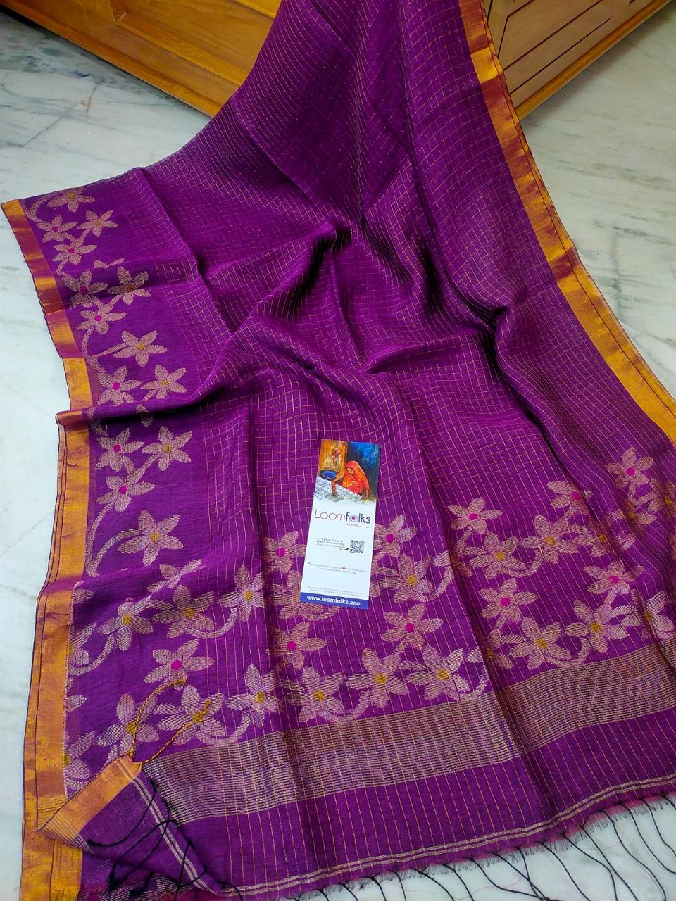 Healing Purple Handwoven Linen Jamdani Check Floral Design