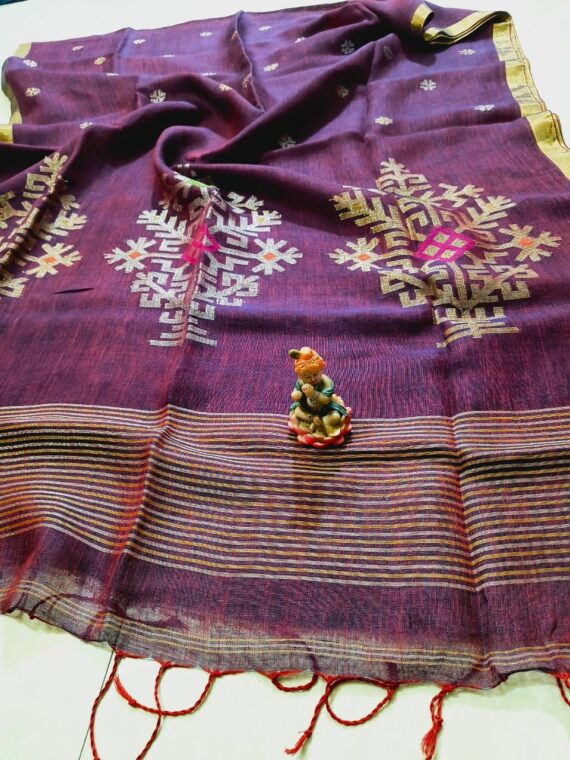 Healing Purple Handwoven Linen Saree with Mandala Design Pattern