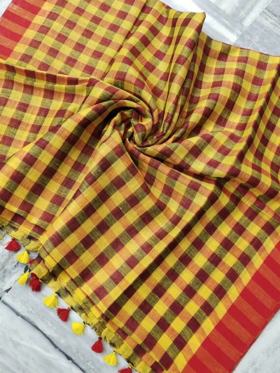 Light Red Yellow Check Design Linen Saree With Red Borders