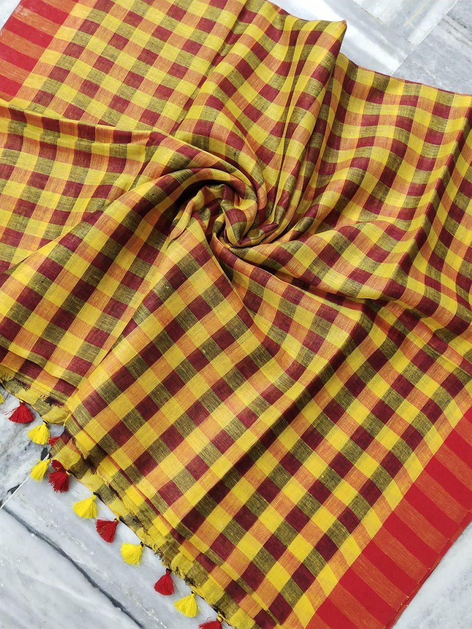 Light Red Yellow Check Design Linen Saree With Red Borders