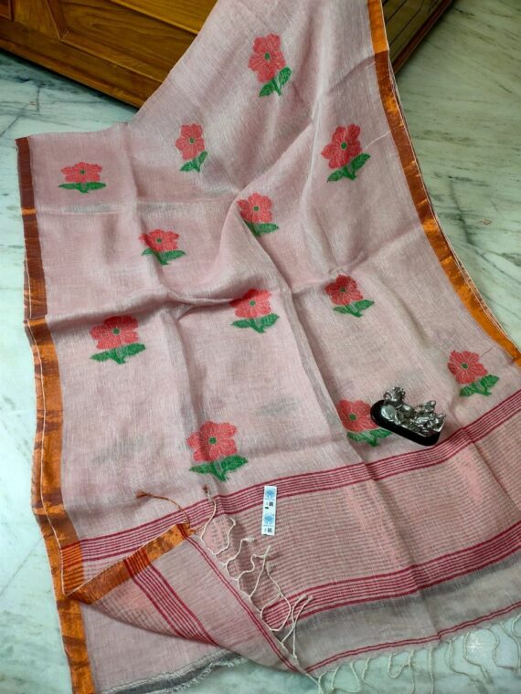 Light Rose Pink Floral Design Handwoven Linen Saree with Stripped Pallu