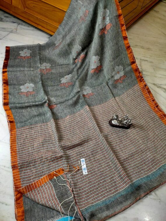 Lovely Grey Floral Design Handwoven Linen Saree with Stripped Pallu