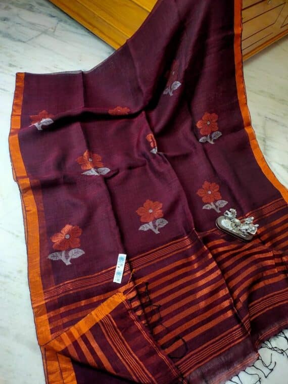 Maroon Design Handwoven Linen Saree with Stripped Pallu