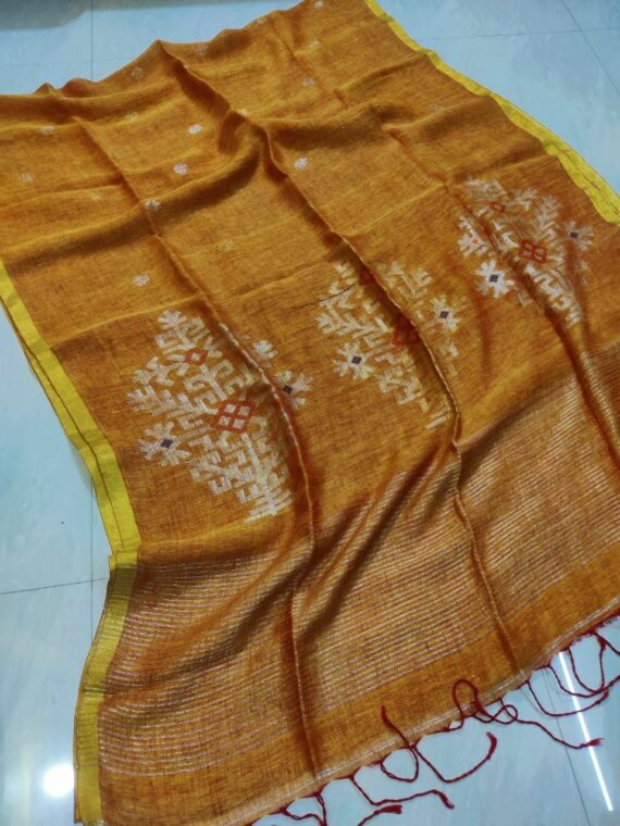 Mesmerizing Mustard Shade Handwoven Linen Saree with Mandala Design Pattern