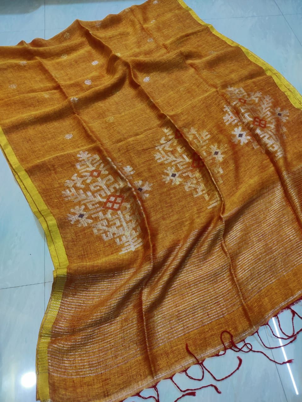 Mesmerizing Mustard Shade Handwoven Linen Saree with Mandala Design Pattern