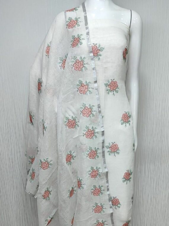 Mesmerizing White Floral Embroidery Linen Cotton Dress Material