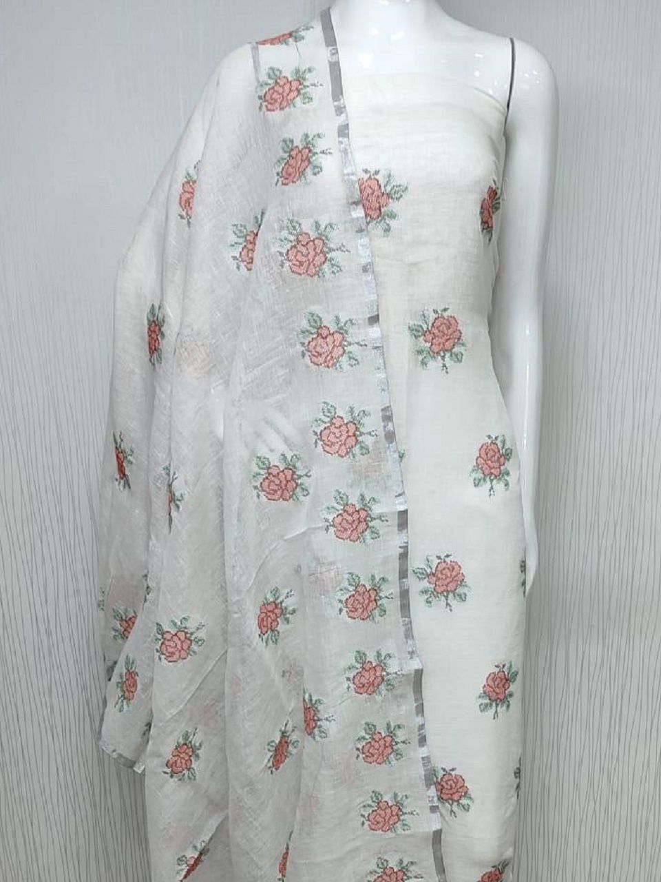 Mesmerizing White Floral Embroidery Linen Cotton Dress Material